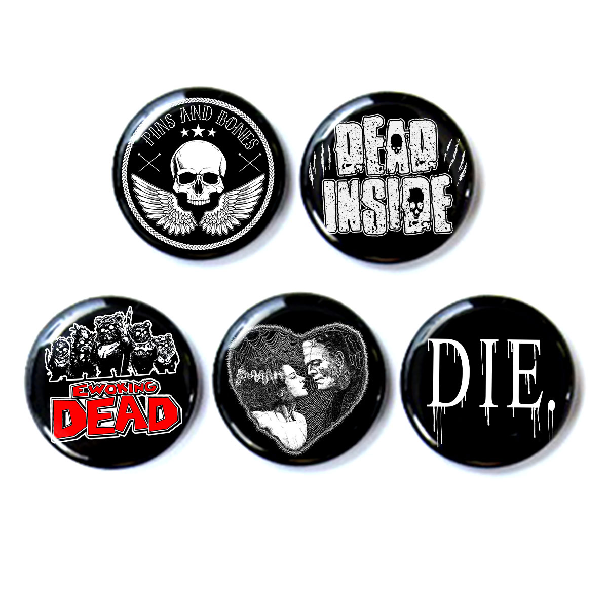 Pins & Bones 5-Pack, Black 1-Inch Pin Back Buttons, Horror Collection 1